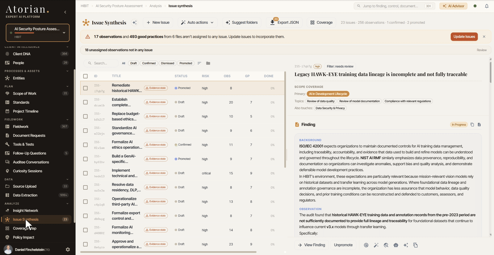 The Atorian platform interface showing the Issue Synthesis workspace